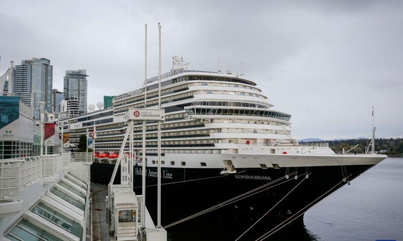 The Holland America Koningsdam cruise ship is berthed at the Canada Place cruise terminal in Vancouver, British Columbia, Canada, on April 10, 2022.Photo:Xinhua