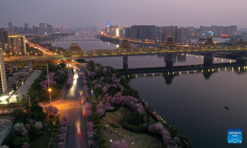 Aerial photo taken on April 10, 2022 shows the night view of Liuzhou City in south China's Guangxi Zhuang Autonomous Region.Photo:Xinhua