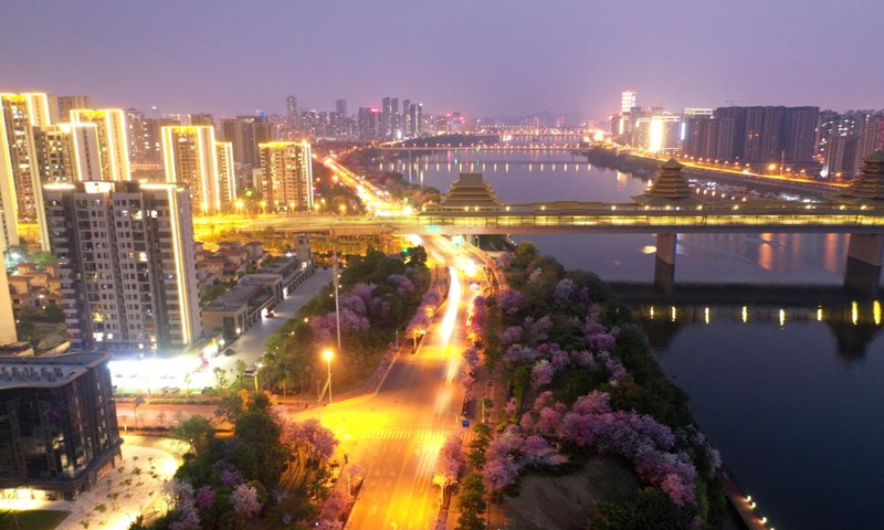 Aerial photo taken on April 10, 2022 shows the night view of Liuzhou City in south China's Guangxi Zhuang Autonomous Region.Photo:Xinhua