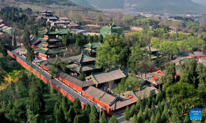 Aerial photo taken on April 7, 2022 shows the Kernel Compound of Shaolin Temple in Dengfeng, central China's Henan Province. The historic monuments of Dengfeng in the Center of Heaven and Earth include the ancient architectural complex at Songshan Mountain in Henan, central China.(Photo: Xinhua)