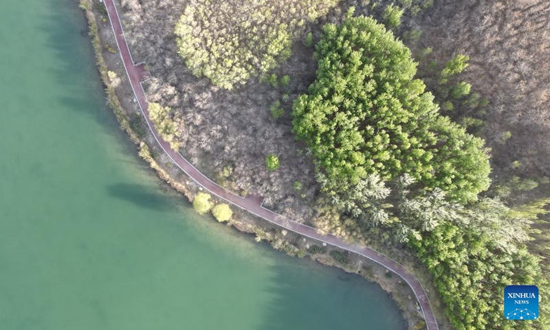 Aerial photo taken on April 18, 2022 shows the scenery of a national wetland park in Zhangye, northwest China's Gansu Province. (Xinhua/Zhang Zhimin)