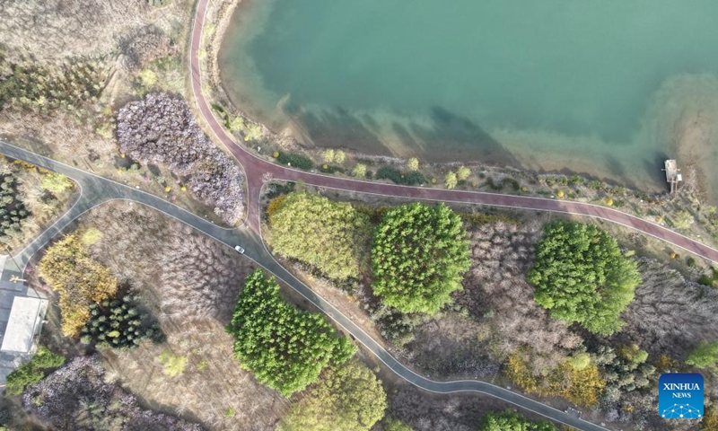 Aerial photo taken on April 18, 2022 shows the scenery of a national wetland park in Zhangye, northwest China's Gansu Province. (Xinhua/Zhang Zhimin)