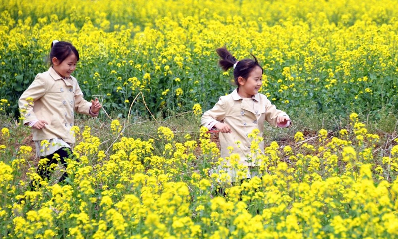 Children play in a cole flower field in Pinggu District of Beijing, capital of China, April 17, 2022.Photo:Xinhua