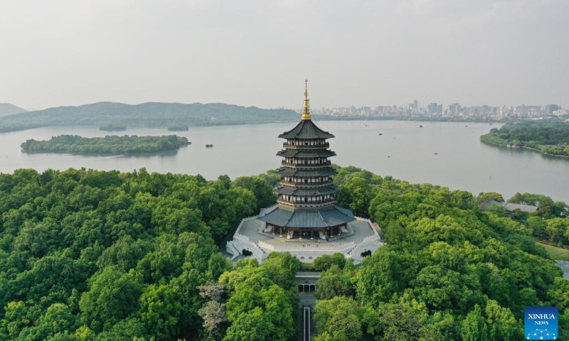 Aerial photo taken on April 12, 2022 shows a view of the West Lake scenic area in Hangzhou, east China's Zhejiang Province. West Lake is famous for its picturesque scenery as well as the historic relics. West Lake was added to the UNESCO World Heritage List in 2011. (Photo: Xinhua)