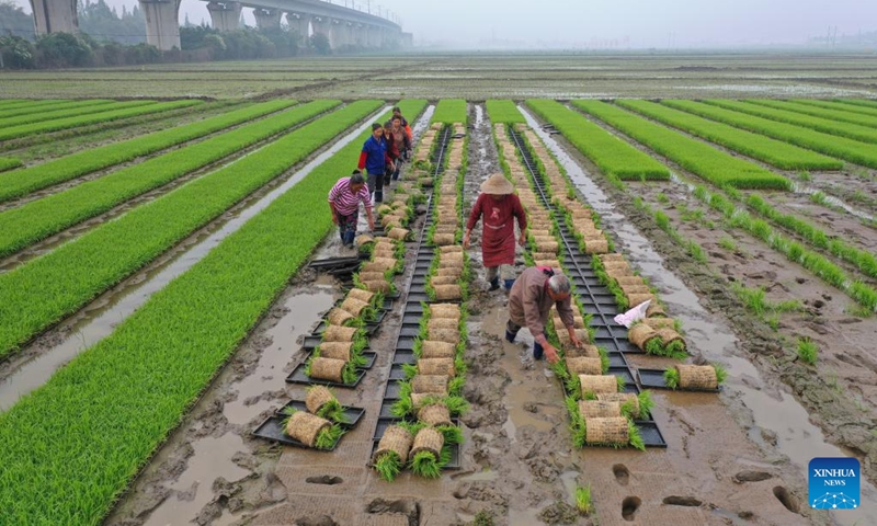 Villagers work in a field in Taihe Town of Dongpo District in Meishan, southwest China's Sichuan Province, April 24, 2022. (Photo by Zhang Zhongping/Xinhua)