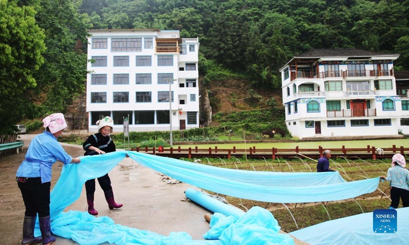 Villagers work at a rice seedling breeding base in Yangfang Village in Taijiang County, Qiandongnan Miao and Dong Autonomous Prefecture, southwest China's Guizhou Province, April 26, 2022. Taijiang County has stepped up efforts on the provision of high-quality rice seedlings for farmers to ensure sound spring plowing activities.(Photo: Xinhua)