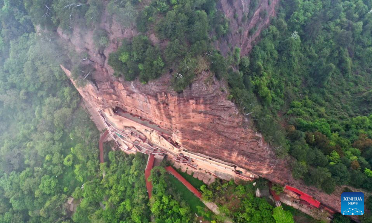 Aerial photo taken on April 29, 2022 shows a view of the Maiji Mountain Grottoes in Tianshui, northwest China's Gansu Province. The Maiji Mountain Grottoes is one of the four most famous grottoes in China. Photo:Xinhua