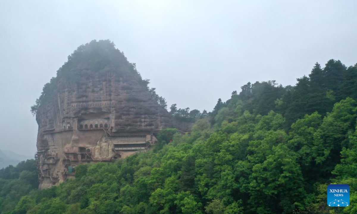 Aerial photo taken on April 29, 2022 shows a view of the Maiji Mountain Grottoes in Tianshui, northwest China's Gansu Province. The Maiji Mountain Grottoes is one of the four most famous grottoes in China. Photo:Xinhua