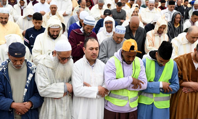 People offer prayers to celebrate Eid al-Fitr in Sale, Morocco, on May 2, 2022.Photo:Xinhua