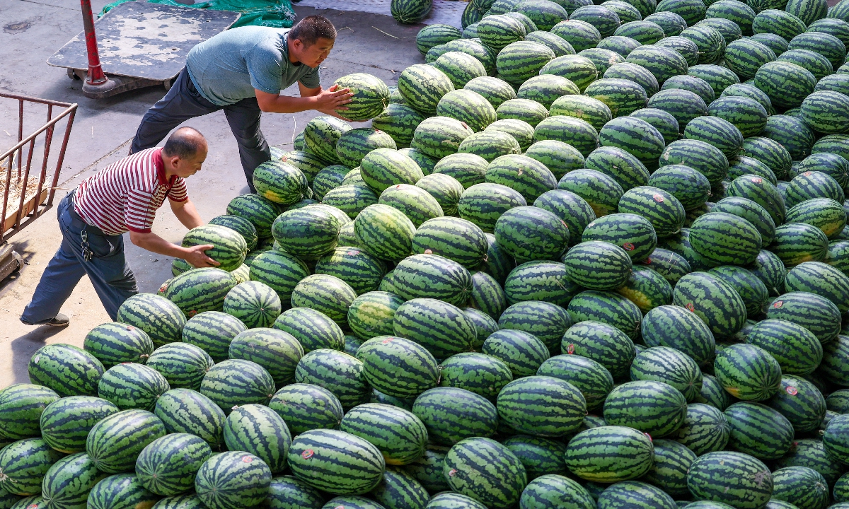 Vendors are busy moving and selling watermelons at a fruit wholesale market in Taiyuan, North China's Shanxi Province, on June 27, 2022. As high temperatures continue in several regions in China, sales of watermelon, a fruit for relieving heat, are at a peak. Photo: VCG
