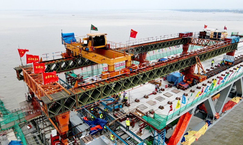 Photo taken on Aug. 24, 2021 shows a construction site of Padma Multipurpose Bridge Project in Munshiganj on the outskirts of Dhaka, Bangladesh. Photo: Xinhua