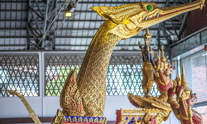 Photo taken on May 17, 2022 shows the figureheads of royal barges at the National Museum of Royal Barges in Bangkok, Thailand.(Photo: Xinhua)