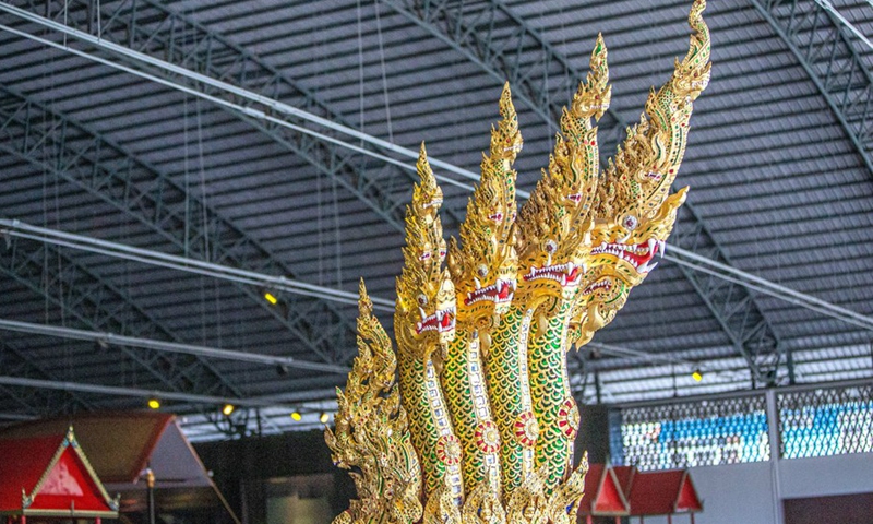 Photo taken on May 17, 2022 shows a figurehead of a royal barge at the National Museum of Royal Barges in Bangkok, Thailand.(Photo: Xinhua)