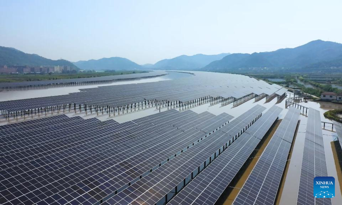 Aerial photo taken on May 30, 2022 shows China's first solar-tidal photovoltaic power plant in Wugen Township of Wenling, east China's Zhejiang Province. Photo:Xinhua