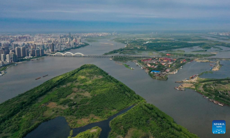 Aerial photo taken on June 4, 2022 shows the scenery of a wetland around a bridge in Harbin, northeast China's Heilongjiang Province. (Xinhua/Zhang Tao)