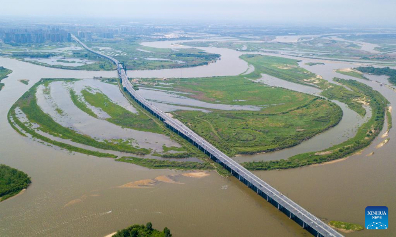 Aerial photo taken on June 4, 2022 shows the scenery of a wetland around a bridge in Harbin, northeast China's Heilongjiang Province. (Xinhua/Zhang Tao)