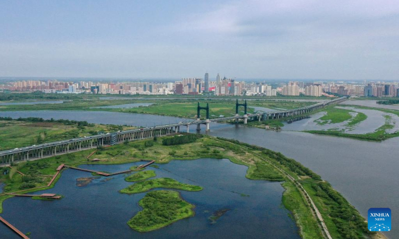 Aerial photo taken on June 4, 2022 shows the scenery of a wetland around a bridge in Harbin, northeast China's Heilongjiang Province. (Xinhua/Zhang Tao)