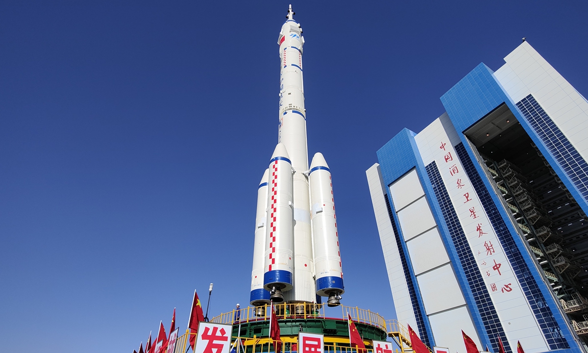 The combination of the Shenzhou-14 manned spacecraft and the Long March-2F Y14 carrier rocket is transferred to the Jiuquan Satellite Launch Center in Northwest China's Gansu Province on May 29, 2022. It is scheduled to be launched soon. Photo: VCG