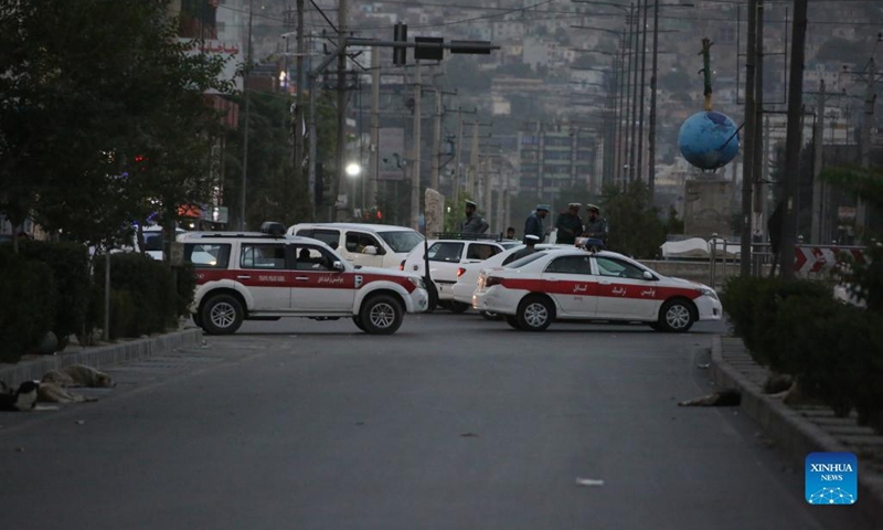 Policemen stand guard near the site of a bicycle bomb explosion in Kabul, Afghanistan, June 6, 2022. Several people were wounded following a bicycle bomb explosion in the central part of Kabul, the capital of Afghanistan on Monday, the capital police confirmed.(Photo: Xinhua)