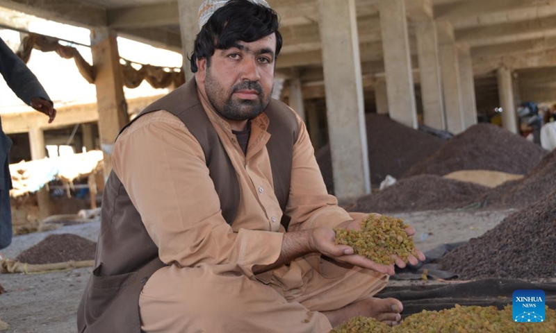 A man shows raisins at a market in Kandahar, Afghanistan, June 9, 2022.(Photo: Xinhua)