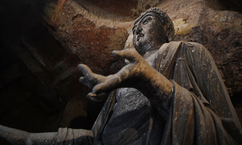 Photo taken on June 9, 2022 shows a sculpture in the Maijishan Grottoes in Tianshui City, northwest China's Gansu Province.Photo:Xinhua