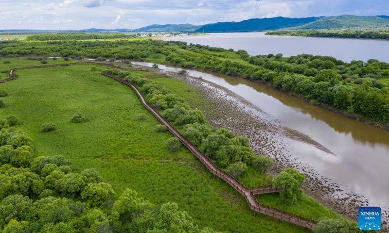 Aerial photo taken on June 19, 2022 shows the scenery of the Wusuli River National Wetland Park in northeast China's Heilongjiang Province.Photo:Xinhua