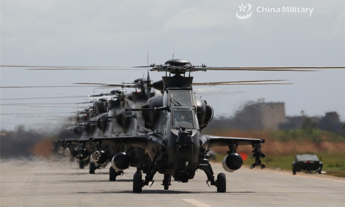 Attack helicopters attached to an army aviation brigade under the PLA 73rd Group Army lift off for a flight training exercise on July 29, 2022. Photo:China Military