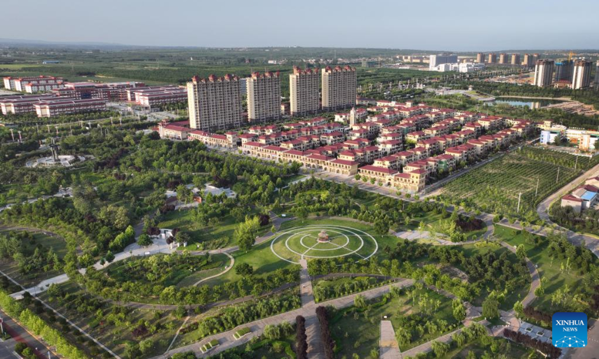 Aerial photo taken on July 8, 2022 shows a large green area in Heyang County, northwest China's Shaanxi Province. Heyang County has made efforts in promoting ecological protection in recent years, with forest area reaching 775,000 mu (about 51,667 hectares) so far. Photo:Xinhua