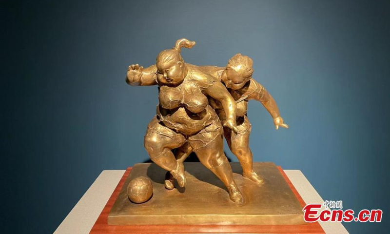 A sculpture named Breakthrough made by Xu Hongfei is on display at the National Center for the Performing Arts, July 3, 2022. (Photo: Ecns.cn/Zhang Dongfang)