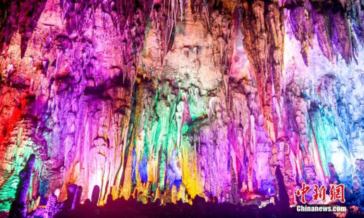 Scenery of Taigu kast cave illuminated by color lights in Youyang Tujia and Miao Autonomous County, southwest China's Chongqing, July 6, 2022. Photo:China News Service