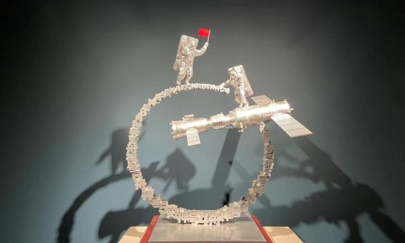 A sculpture by Xu Hongfei shows China’s space exploration achievements is on display at the National Center for the Performing Arts, July 3, 2022. (Photo: Ecns.cn/Zhang Dongfang)