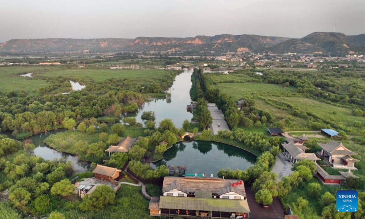 Aerial photo taken on July 9, 2022 shows a wetland view in Heyang County, northwest China's Shaanxi Province. Heyang County has made efforts in promoting ecological protection in recent years, with forest area reaching 775,000 mu (about 51,667 hectares) so far. Photo:Xinhua