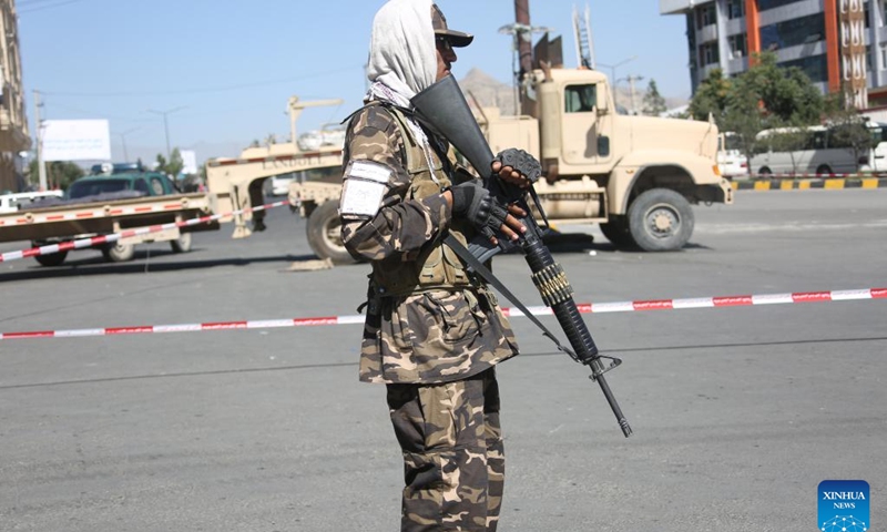 Taliban members stand guard near the conference venue of the Loya Jirga in Kabul, Afghanistan, June 30, 2022. The much-awaited Loya Jirga or grand assembly of religious scholars and elders opened in Afghanistan's capital Kabul on Thursday, the Afghan caretaker government's chief spokesman Zabihullah Mujahid said.(Photo: Xinhua)