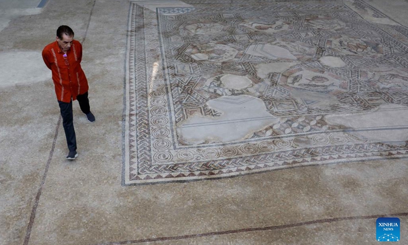 A man views the Lod mosaic at the Lod Mosaic Archaeological Center in Lod, a city east of Tel Aviv in central Israel, July 4, 2022. The Lod Mosaic Archaeological Center was built to exhibit the unique mosaics dating from the Roman period.(Photo: Xinhua)