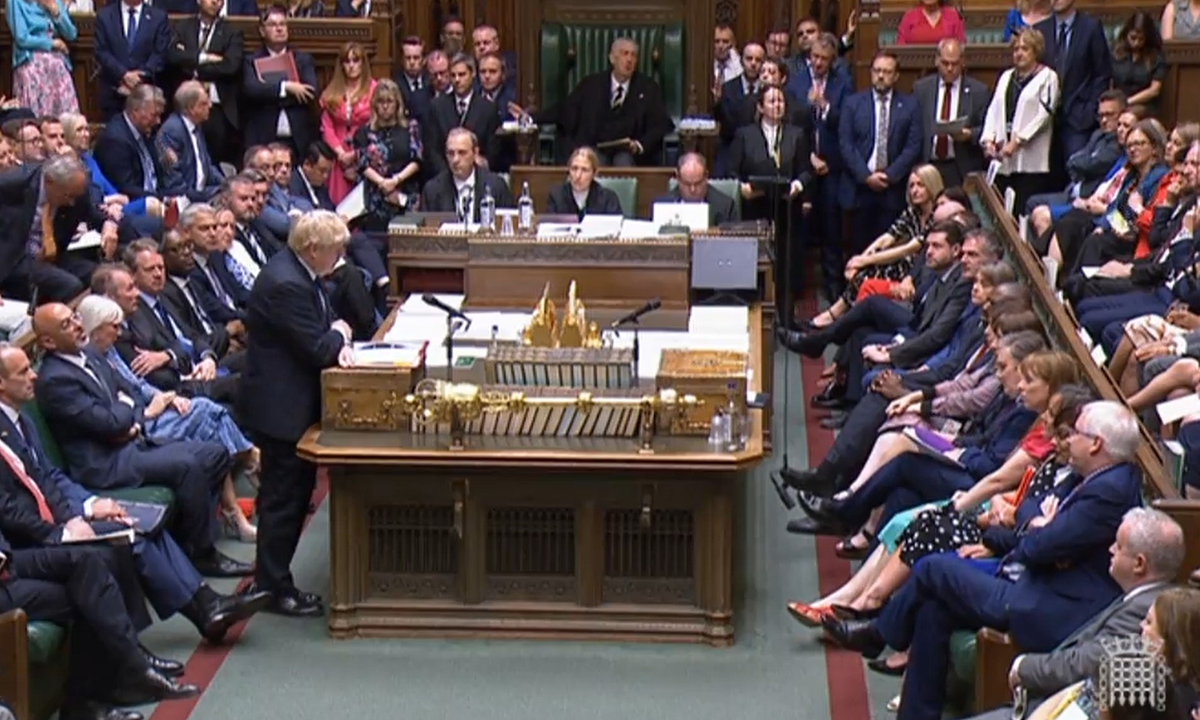 British Prime Minister Boris Johnson speaks during Prime Minister's Questions in the House of Commons, London on July 6, 2022. Johnson refuses to quit as prime minister after two ministers and a slew of junior officials resigned, as they could no longer serve under his scandal-tarred leadership, media reported. Photo: VCG