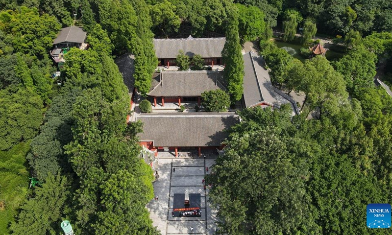 Aerial photo taken on June 30, 2022 shows the Zhao Yiman memorial hall on Mount Cuiping in Yibin, southwest China's Sichuan Province. Built on the riverside, the city of Yibin, where the Jinsha and Minjiang rivers converge into the Yangtze River, is known as the first city on the Yangtze River.(Photo: Xinhua)