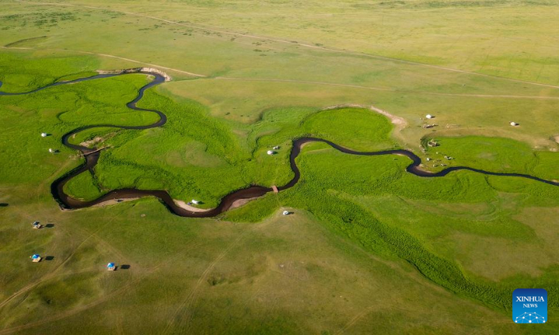 Aerial photo taken on July 19, 2022 shows a river in the grassland in West Ujimqin Banner of Xilingol League, north China's Inner Mongolia Autonomous Region. (Xinhua/Peng Yuan)