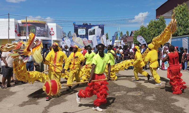 A dragon dance is performed during the 46th Dar es Salaam International Trade Fair in Dar es Salaam, Tanzania, on July 7, 2022.Photo:Xinhua
