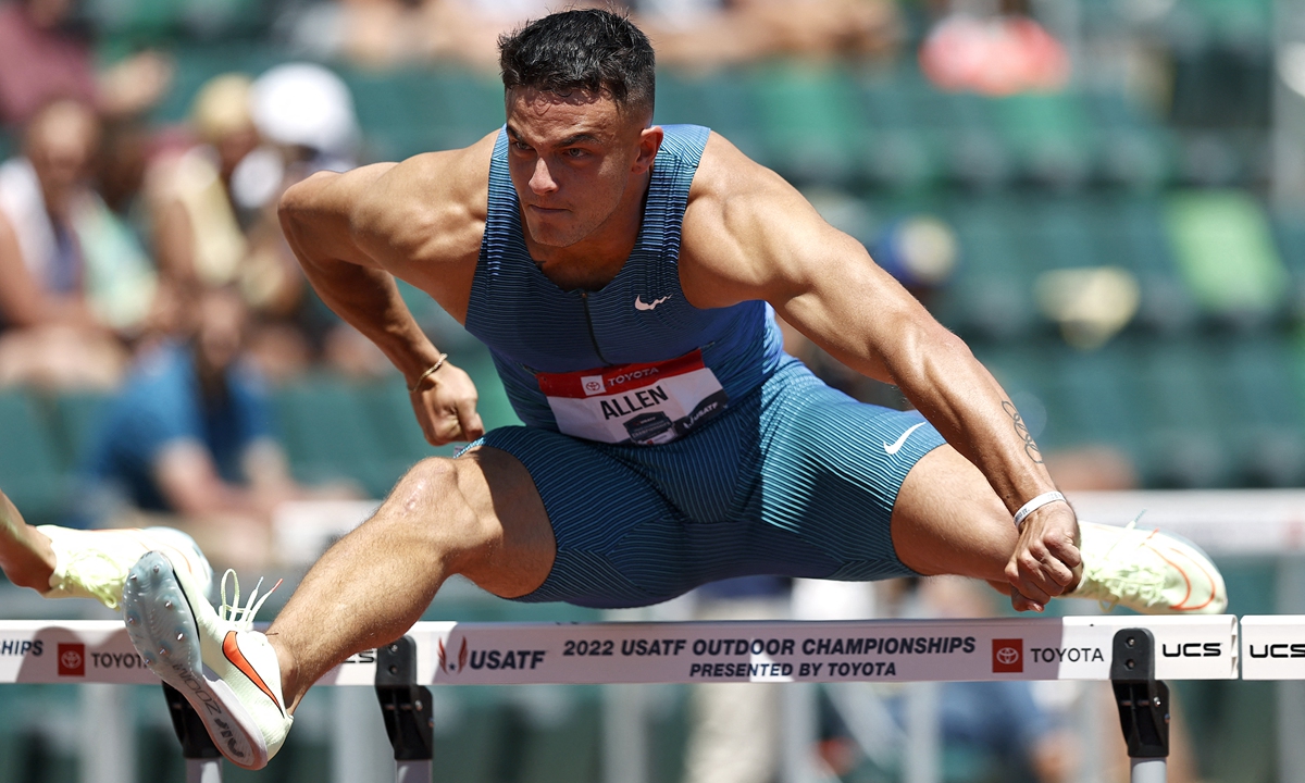 Devon Allen competes in the men's 110 meter hurdles semifinals during the 2022 USATF Outdoor Championships at Hayward Field on June 26, 2022 in Eugene, the US. Photo: AFP