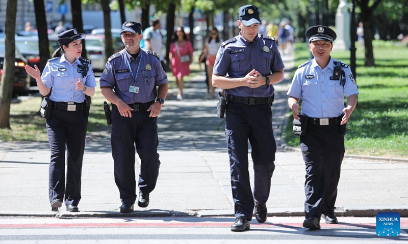 Croatian and Chinese police officers patrol downtown Zagreb as part of the Croatia and China joint police patrol in Zagreb, Croatia on July 19, 2022. Eight Chinese police officers will conduct a one-month joint patrol in the Zagreb, Zadar, Plitvice Lakes National Park and Dubrovnik.(Photo: Xinhua)