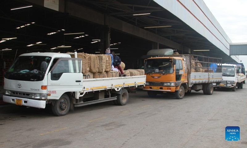 Trucks carrying tobacco bales wait to deliver the crop at the Tobacco Auction Floors in Harare, Zimbabwe, on July 19, 2022. The tobacco auction season, which started in March, closed on Wednesday, with more than 180 million kg of the golden leaf having been sold at an average price of 3.04 dollars per kg.(Photo: Xinhua)