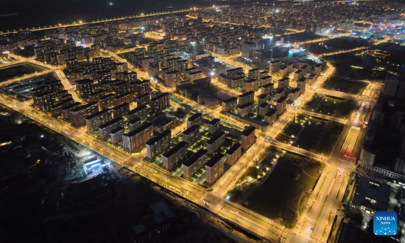 Aerial photo taken on July 20, 2022 shows a night view of Rongdong District in Xiong'an New Area, north China's Hebei Province. (Xinhua/Xing Guangli)