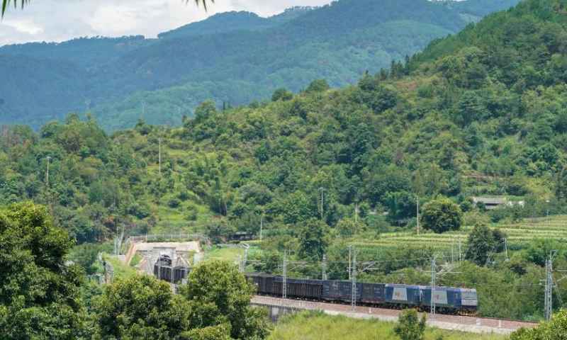 Photo taken on July 22, 2022 shows a freight train running in the Dali-Baoshan section of the Dali-Ruili Railway in southwest China's Yunnan Province. Baoshan in southwest China's Yunnan Province is no longer a city without rail links after the Dali-Baoshan section of the Dali-Ruili Railway officially went into operation on Friday. Photo: Xinhua