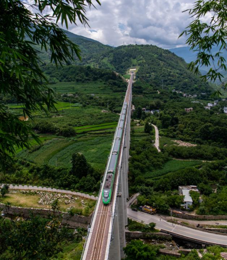 Photo taken on July 22, 2022 shows a Fuxing bullet train running on a bridge in the Dali-Baoshan section of the Dali-Ruili Railway in southwest China's Yunnan Province. Baoshan in southwest China's Yunnan Province is no longer a city without rail links after the Dali-Baoshan section of the Dali-Ruili Railway officially went into operation on Friday. Photo: Xinhua