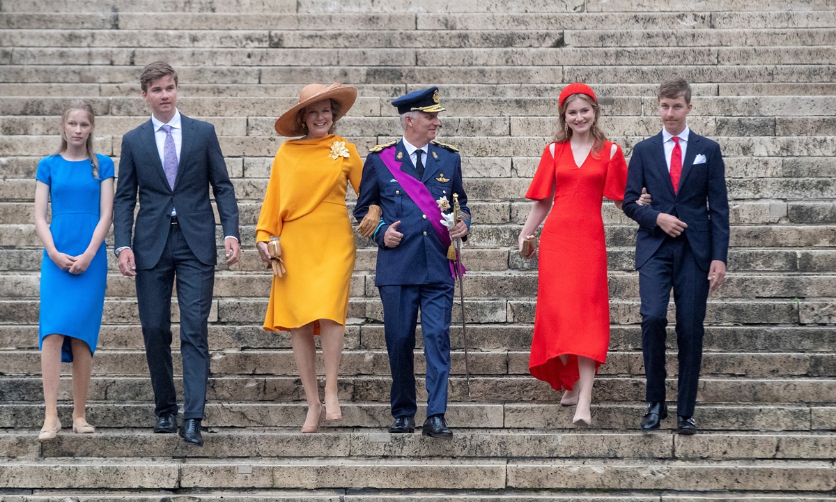 (From left) Princess Eleonore, Prince Gabriel, Queen Mathilde, King Philippe, Crown Princess Elisabeth and Prince Emmanuel of Belgium leave after the Te Deum mass, on the occasion of Belgian National Day, at the Saint Michael and Saint Gudula Cathedral in Brussels on July 21, 2022. Photo: AFP