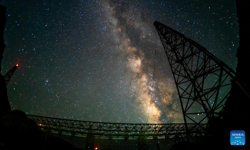 The long-time exposure photo taken on July 25, 2022 shows China's Five-hundred-meter Aperture Spherical Radio Telescope (FAST) under maintenance in southwest China's Guizhou Province. Using FAST, or the China Sky Eye, scientists have identified over 660 new pulsars. (Xinhua/Ou Dongqu)