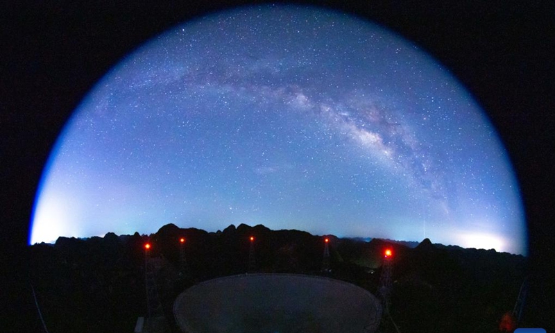 The long-time exposure photo taken on July 24, 2022 shows China's Five-hundred-meter Aperture Spherical Radio Telescope (FAST) under maintenance in southwest China's Guizhou Province. Using FAST, or the China Sky Eye, scientists have identified over 660 new pulsars. (Xinhua/Ou Dongqu)