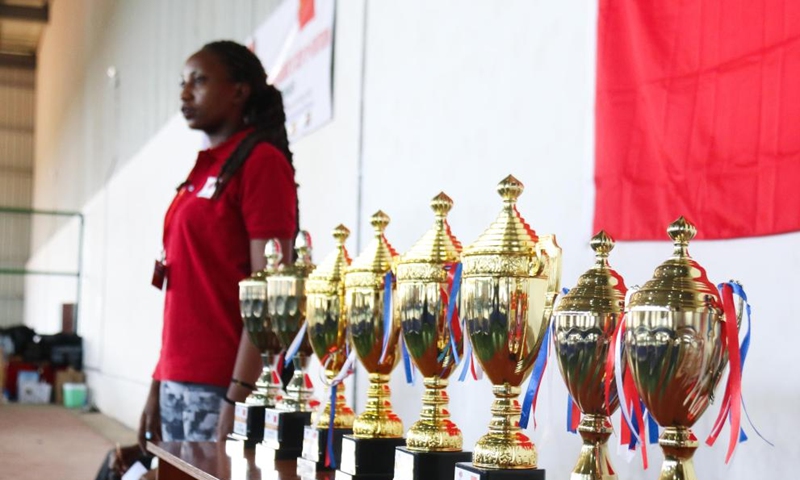 Photo taken on July 24, 2022 shows the tropies of the Chinese Ambassador's Cup in Kigali, Rwanda. The Rwanda Table Tennis Federation (RTTF) on Sunday concluded a table tennis competition, Chinese Ambassador's Cup, under the sponsorship of the Chinese Embassy in Rwanda, which provides a platform to promote talent and friendship among participants as well as Rwanda and China. Besides Rwandan contestants, the two-day tournament attracted competitors from Uganda, Kenya and Burundi. (Xinhua/Ji Li)