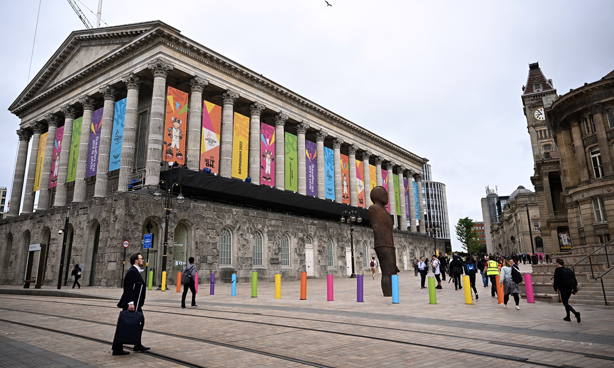 Commonwealth Games branding is pictured on buildings in Birmingham, central England on July 26, 2022, ahead of the Commonwealth Games. Photo: AFP