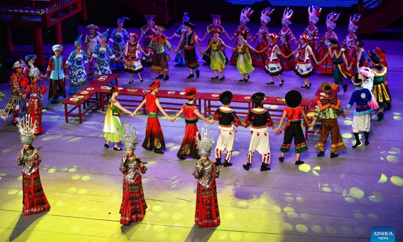 Actors perform in the show Colorful Guizhou Style at Guiyang Grand Theatre in Guiyang, southwest China's Guizhou Province, July 30, 2022. Photo:Xinhua